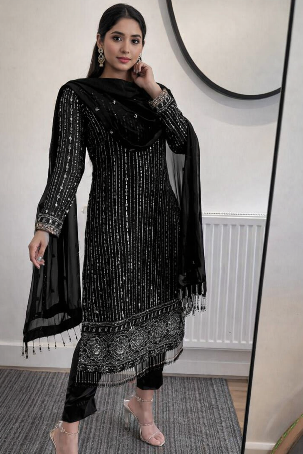 Premium Foux Georgette Suit Set with Real Mirror Work & Sequin Embroidery