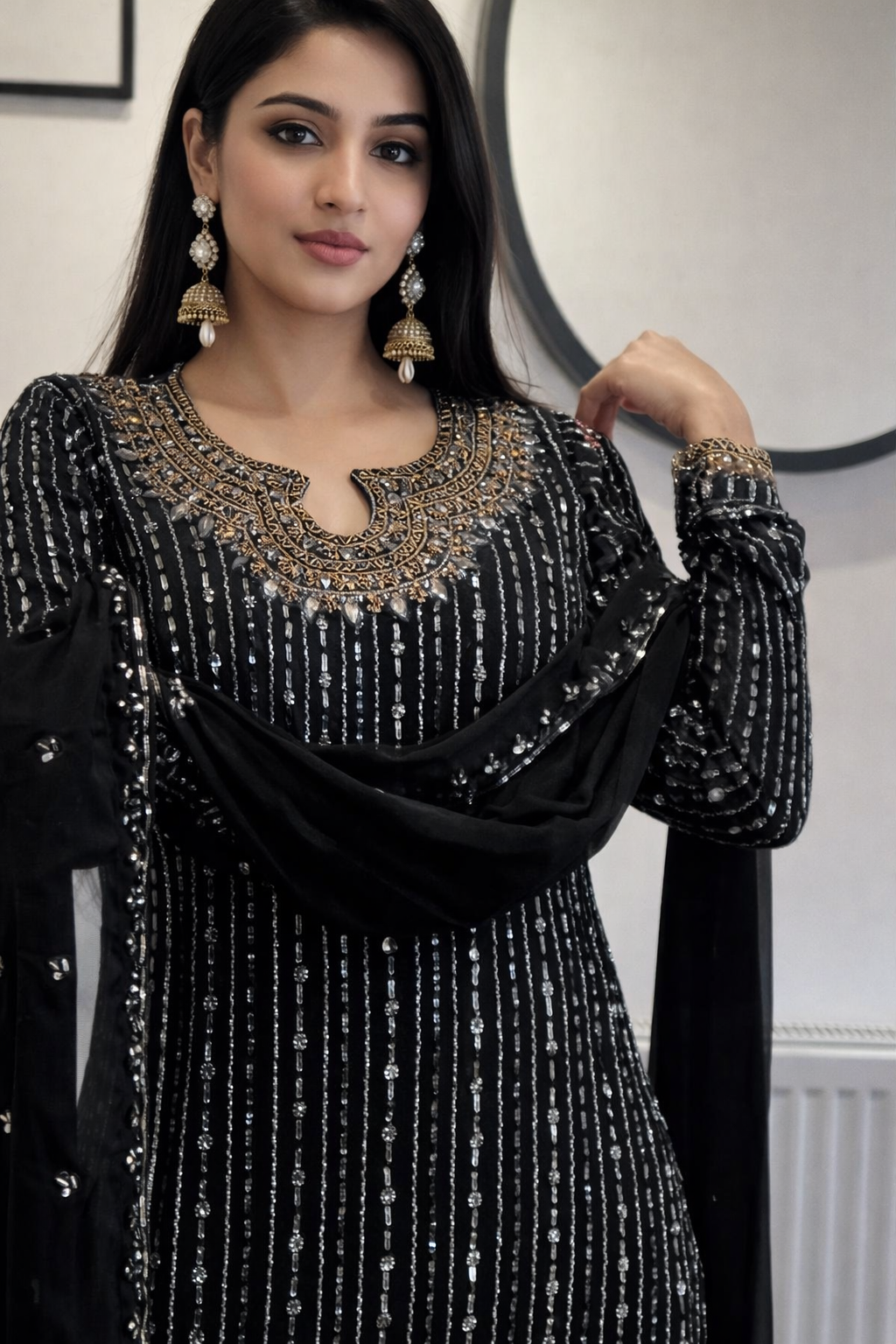 Premium Foux Georgette Suit Set with Real Mirror Work & Sequin Embroidery