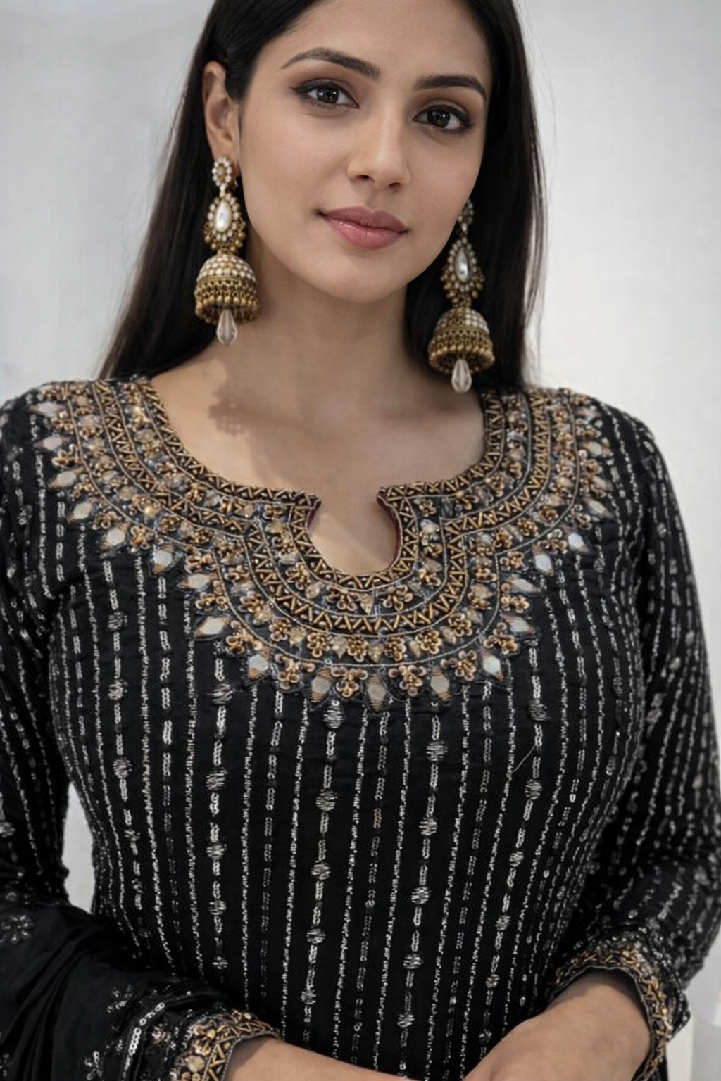 Premium Foux Georgette Suit Set with Real Mirror Work & Sequin Embroidery