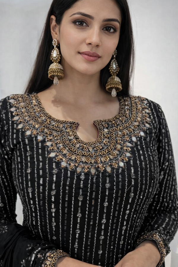 Premium Foux Georgette Suit Set with Real Mirror Work & Sequin Embroidery