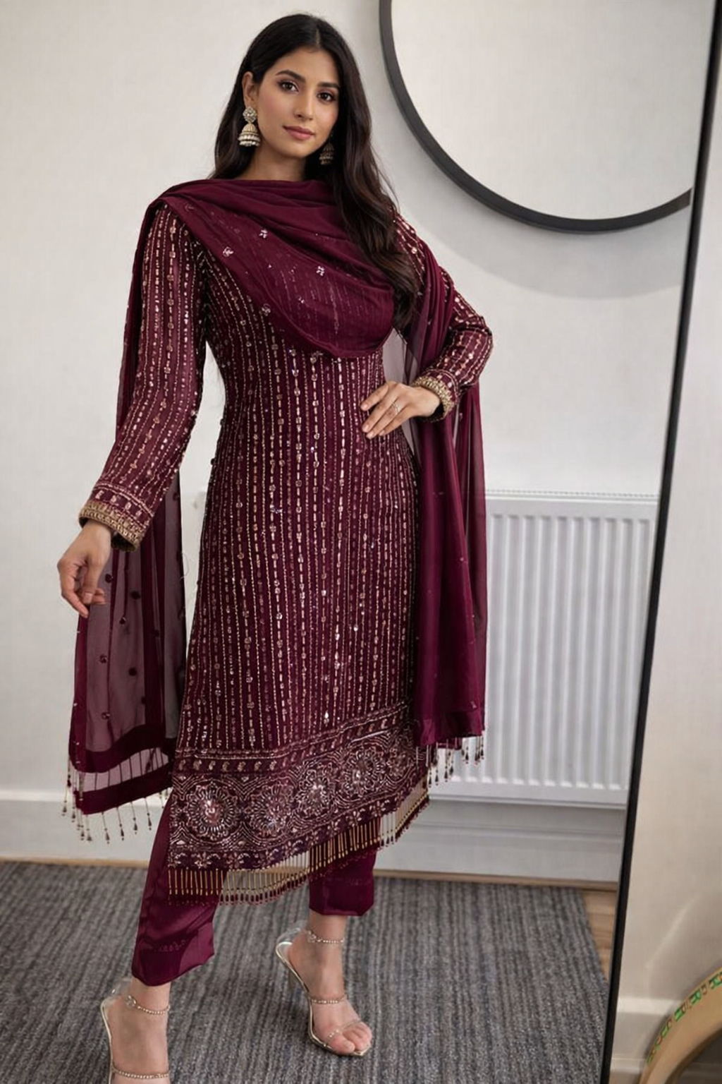 Premium Foux Georgette Suit Set with Real Mirror Work & Sequin Embroidery