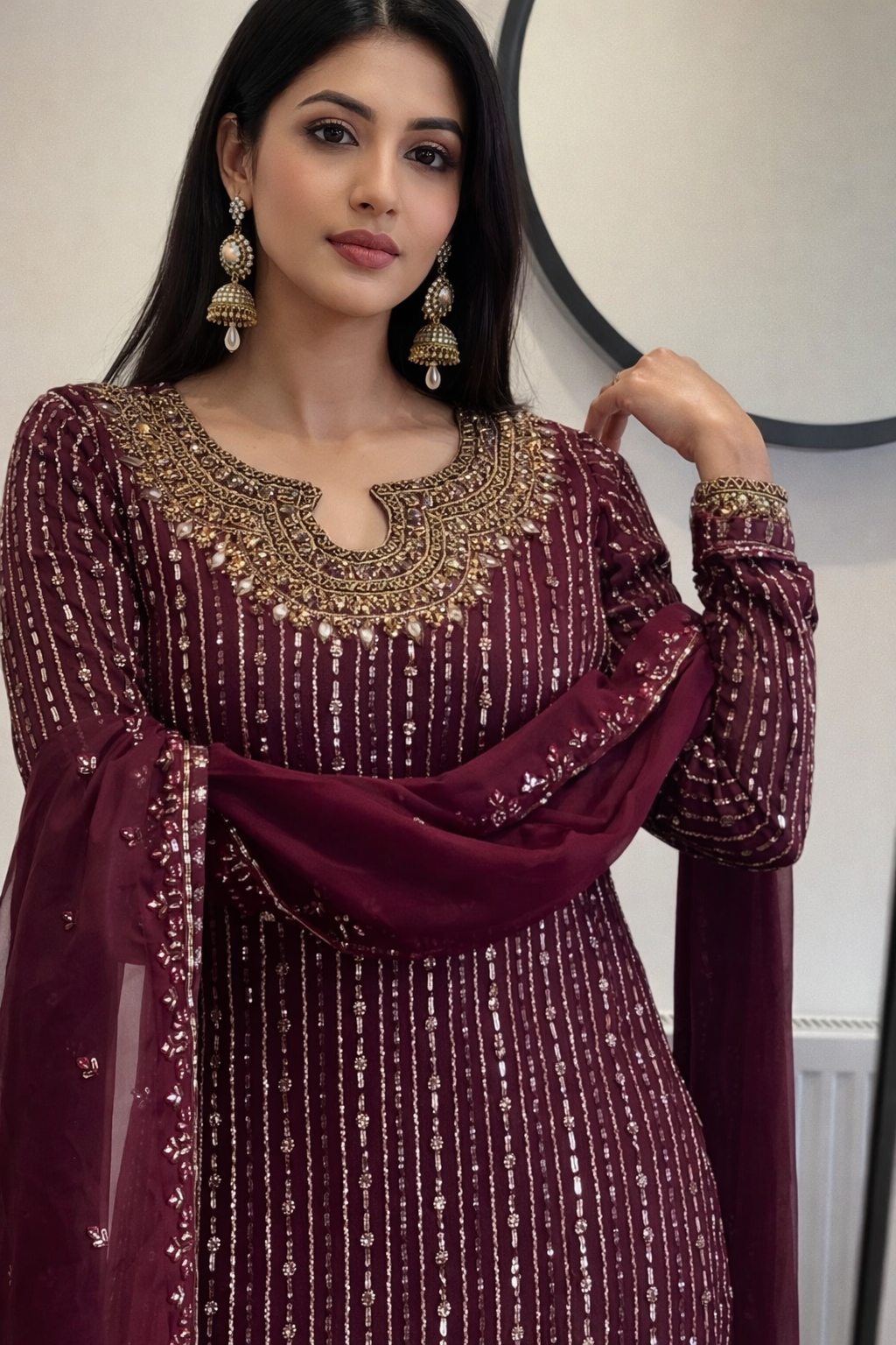 Premium Foux Georgette Suit Set with Real Mirror Work & Sequin Embroidery